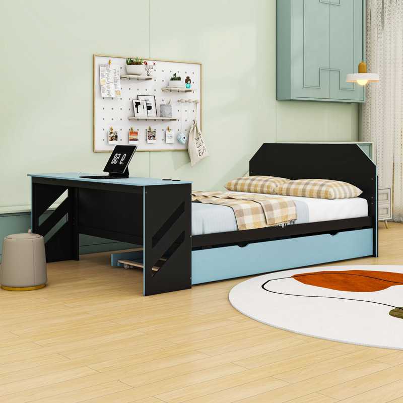 Lit de jour double avec bureau intégré et port USB et lit gigogne simple, Bleu nuage