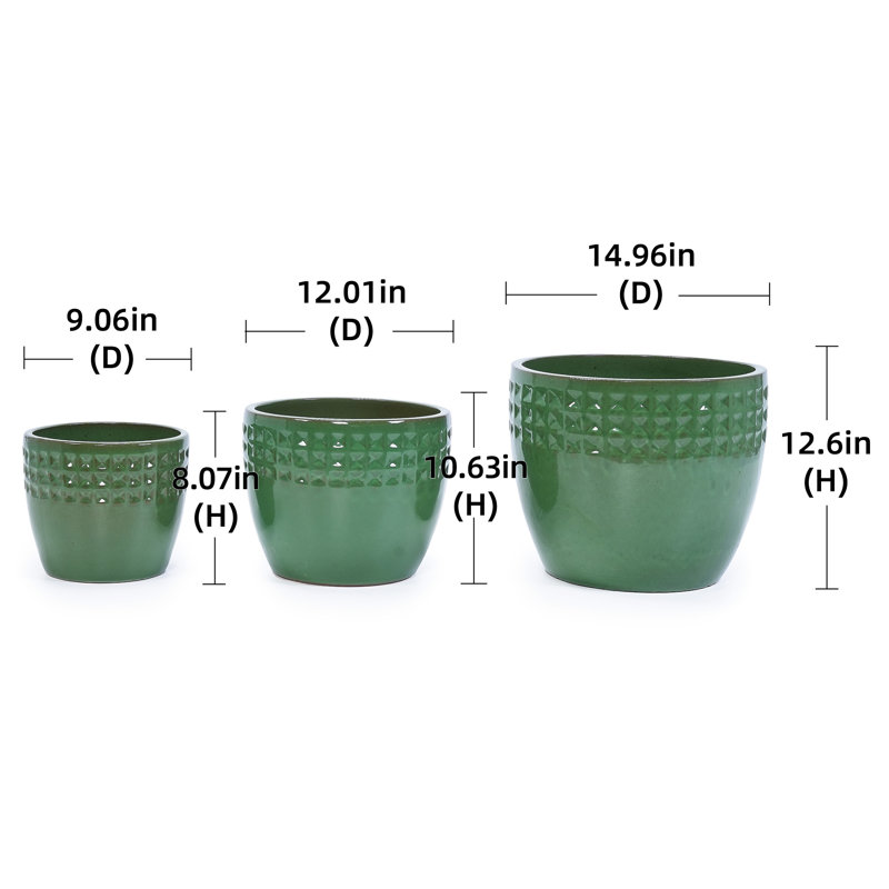 3 Ceramic Flowerpots In Antique , All-Weather Durability, Reinforced Ceramic, Built-In Drainage For Plant Vitality, 14.92" L W 12.5" H, 45.71 Lbs Modern Flowerpot Of 3 Hole, Ideal Indoor And Outdoor