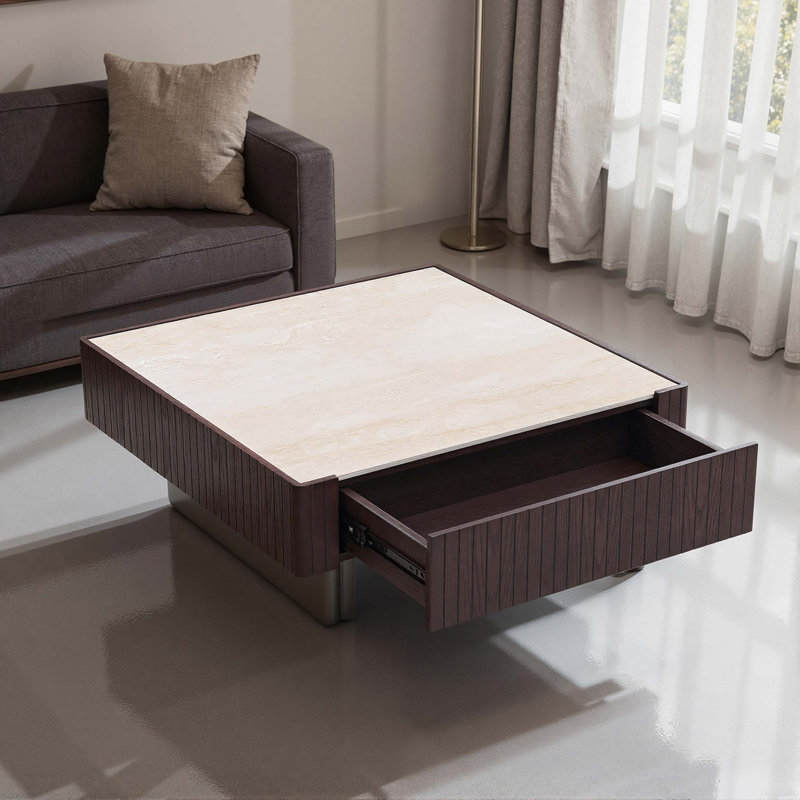 Table basse carrée moderne avec plateau en pierre frittée et tiroir à fermeture en douceur
