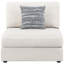 Fauteuil beige sans accoudoirs, style modulaire, pour coin salon principal, coussins amovibles faciles à rafraîchir, dossier garni de plumes et de duvet, coussins moelleux, revêtement en tissu, coussins inclus.