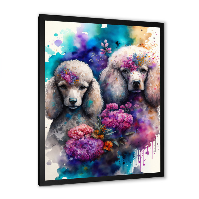 «Cute Poodles Dog», art floral - peinture sur toile, H 20 po x l 12 po x P 1 po, Impression noire sur toile encadrée