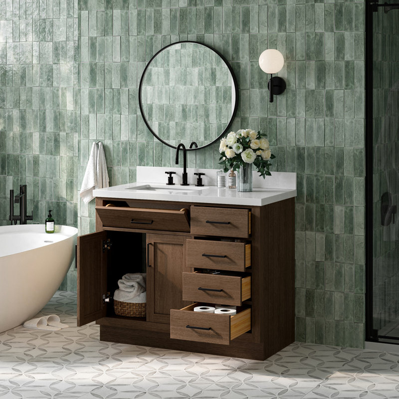 Meuble-lavabo simple en bois massif 42 po Tidworth avec plateau en quartz blanc 1,5 po, Gauche, Forme rectangulaire