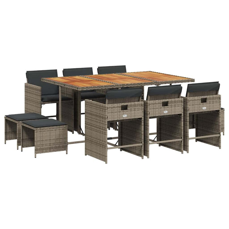 Garden Dining Set with Cushions Poly Rattan, 10, 73cm H x 165cm W x 106cm D, Grey Cushion/Grey Frame