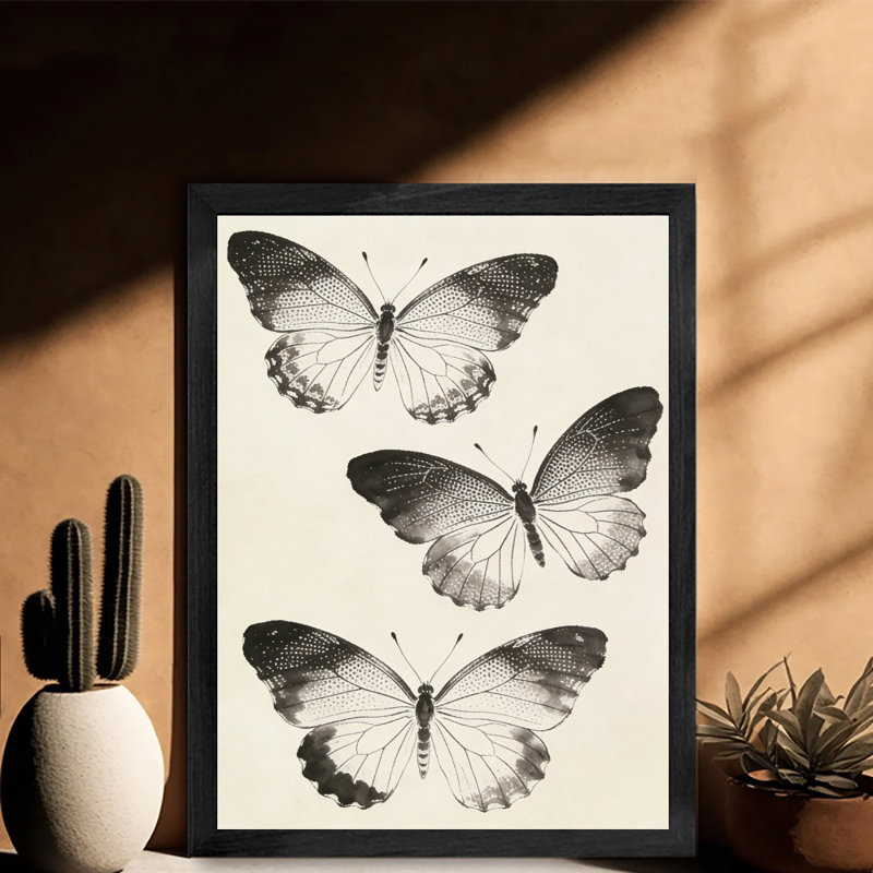 Art mural papillon noir, aquarelle encadrée de style rétro, H 25 po x l 17 po