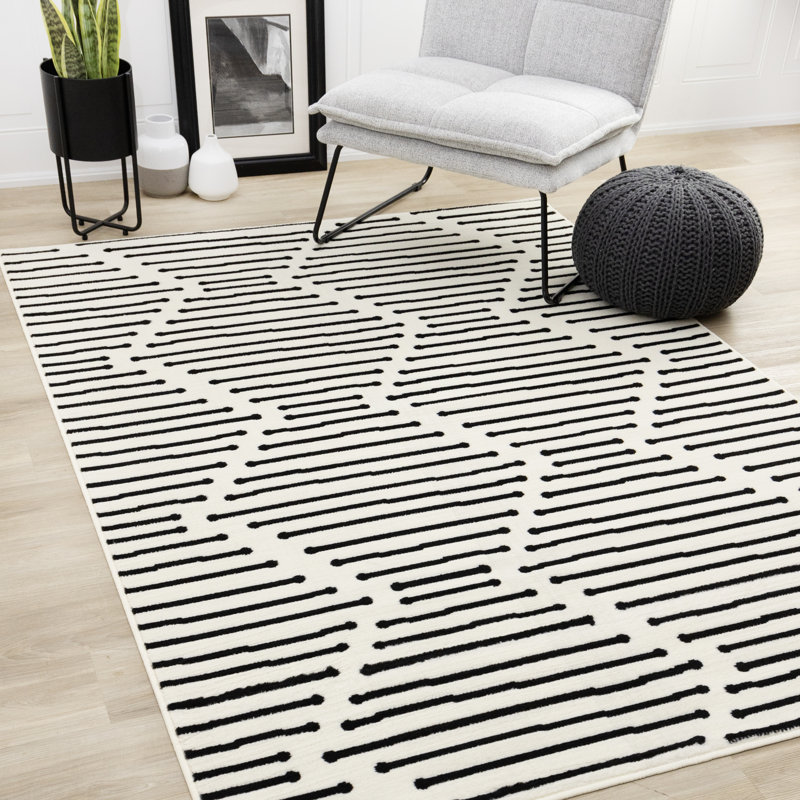 Fresno Modern Black White Striped Area Rug, Rectangle 7'9" x 10'6"