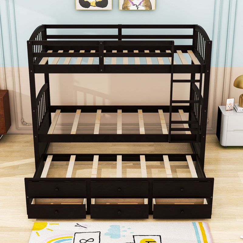Ehrfried Kids Twin Over Twin Bunk Bed with Trundle with Drawers, Espresso