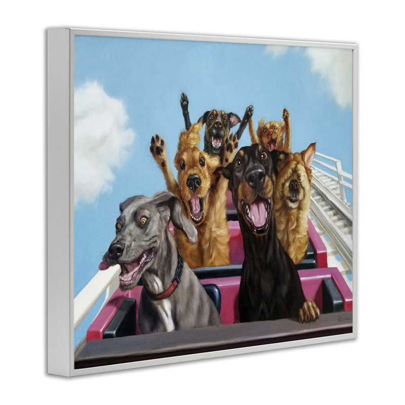 Dogs Riding Roller Coaster Funny Amusement Park, 24" H x 30" W, Coastal White Framed Giclee