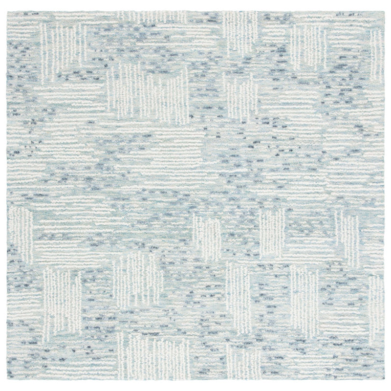 Weybossett Abstract Hand Tufted Wool Cotton Abstract Rug in Ivory/Blue, Square 6'