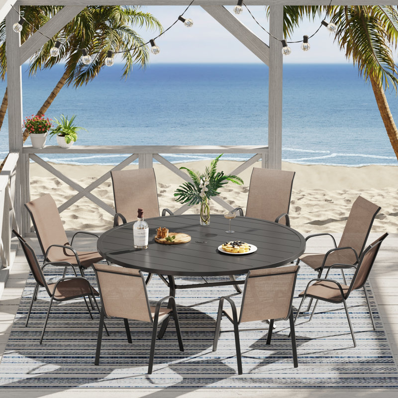 Elijah With Stackable Textilene Chairs, Brown/Black