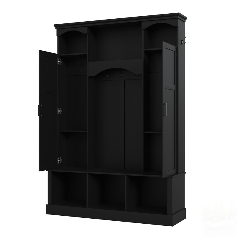 Modern All-In-One Hall Tree With Adjustable Shelves, Classic Arched Farmhouse Storage Bench With Dual Side Cabinets, Elegant Entryway Organizer With 7 Hooks For Mudroom, Hallway