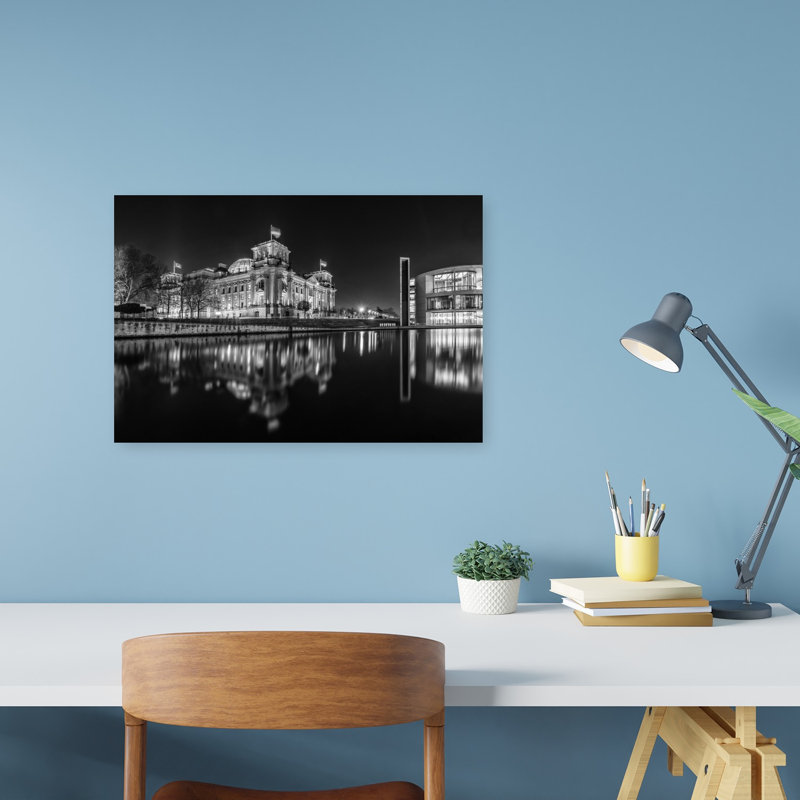 Reichstag, nuit, réflexion, art abstrait moderne, impression d'art mural de la ville, H 12 po x l 18 po