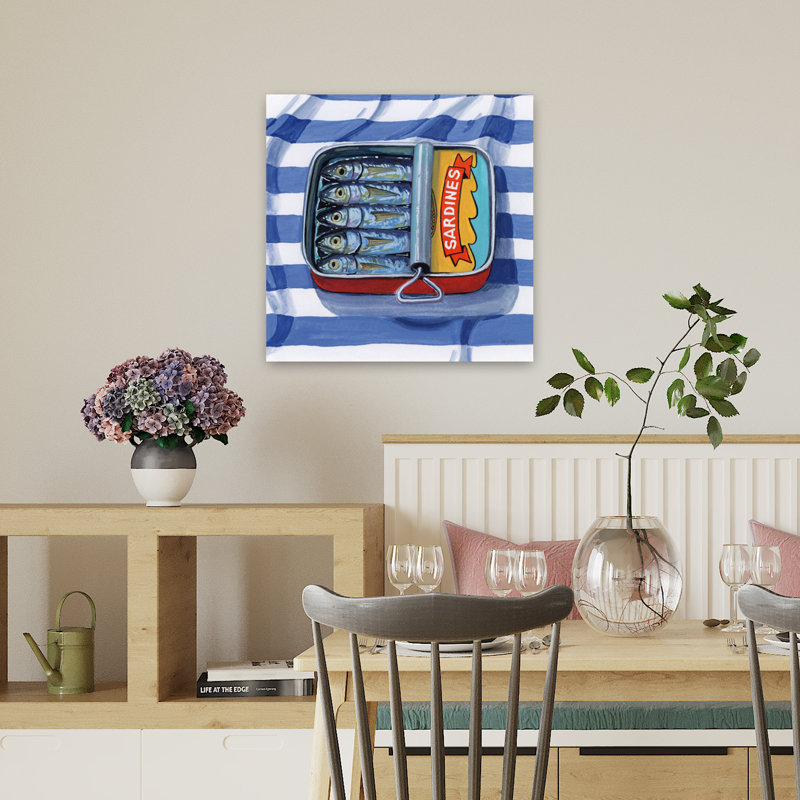 Art contemporain sardines sur toile rayée, H 18 po x l 18 po