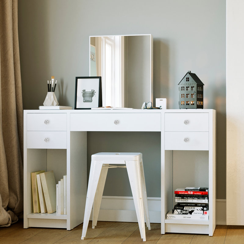 Christina Modern White Vanity Desk with Mirrored Center & Storage
