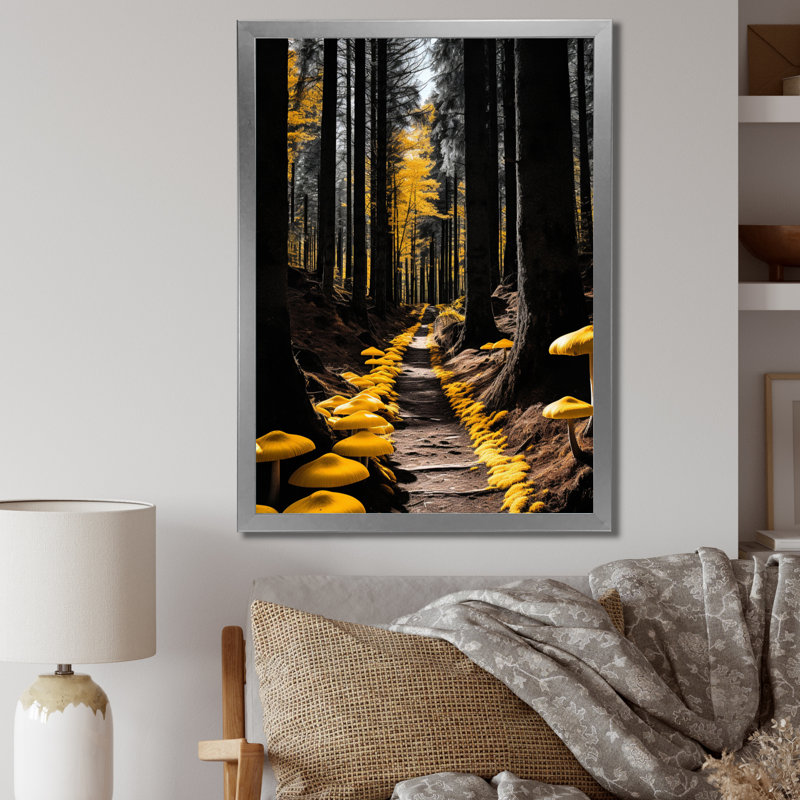 Sentier de forêt jaune et noir II - paysage et art mural, salon, H 32 po x l 24 po x P 1 po, Cadre photo argenté