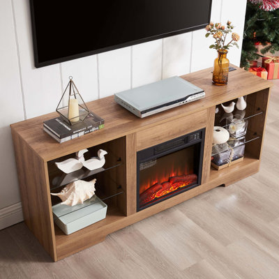 TV Stand Electric Fireplace TV Stand with Glass Shelves, 3D Fireplace TV Stand with LED Lights Wood with USB Charging Outlet Modern Television Table Center for TV up to 32-62" OAK 58'W*15.4''D*24.4