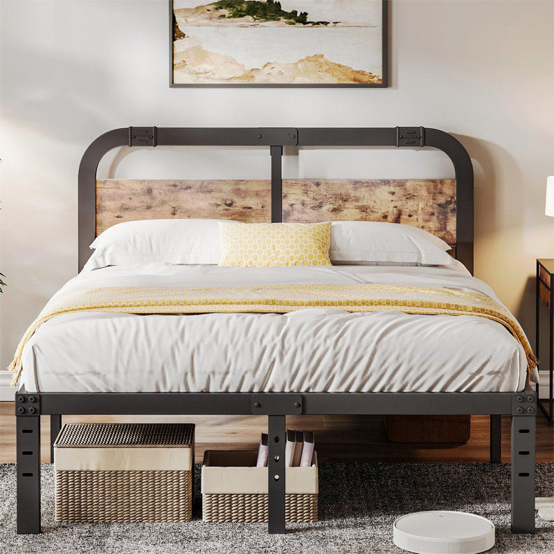 Amylia Black Metal Platform Bed with 40-Inch Solid Wood Headboard, Underbed Storage, Noise-Free Support, No Box Spring Needed