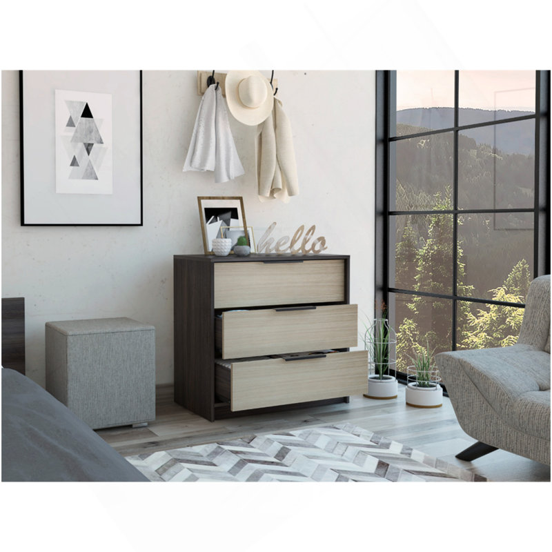 Commode 3 tiroirs Maryland, plateau supérieur, finition wengé / pin noir