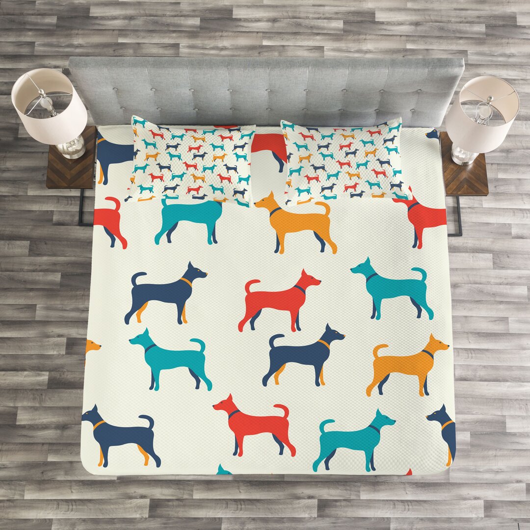 Gestepptes Bettdecken-Set, Retro Dog, Bunt, Grau Teal Rot