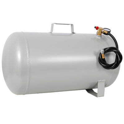 Portable Air Tank, 23.6"W x 11.8"D x 14"H, Aluminum, 1 Piece, Silver, 11-Gallon Capacity, Pressure Gauge, Safety Valve and 47" Hose