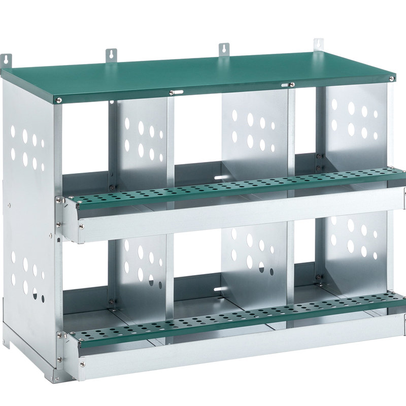 Boîte de nidification en acier galvanisé avec 6 compartiments pour la ponte des œufs de poule, poulailler bien conçu et protection, intérieur confortable, installation facile, 29 lb de construction en acier, inclinée