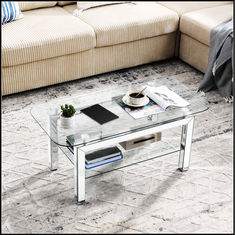 Rectangle Tempered Glass Coffee Table for Living Room, Modern Side Table with Mirrored Stainless Legs and Lower Shelf, Silver