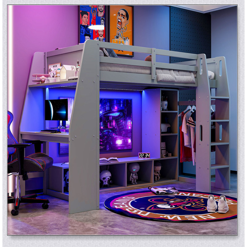 Wood Gaming Loft Bed With Desk, Multi-Storage Shelves, LED And A Hanging Clothes Rack, Lit simple