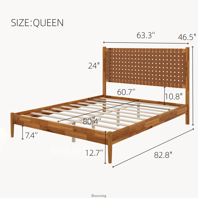 Lit plateforme Queen en bois d'acacia massif, tête de lit en cuir végétalien tissé à la main, cadre de lit de style moderne du milieu du siècle, sommier non requis, caramel