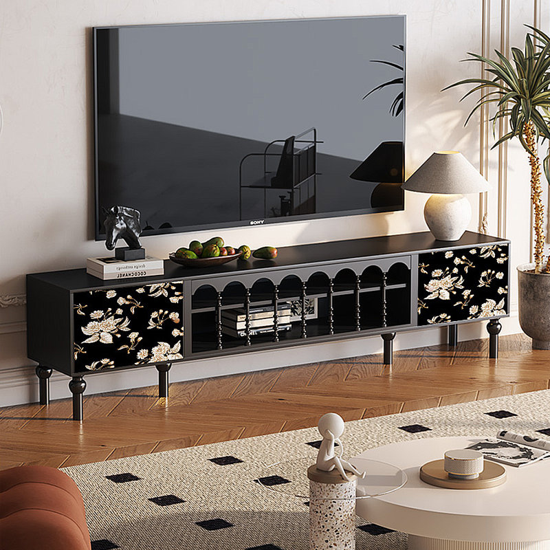 Meuble télé avec rangement peint français rétro, H 21,26 po x L 86,61 po x l 15,75 po, Noir
