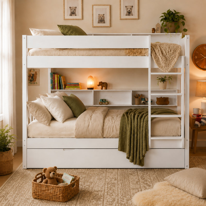 Lit superposé avec lit gigogne escamotable et tablettes de rangement intégrées, Double sur double, Blanc