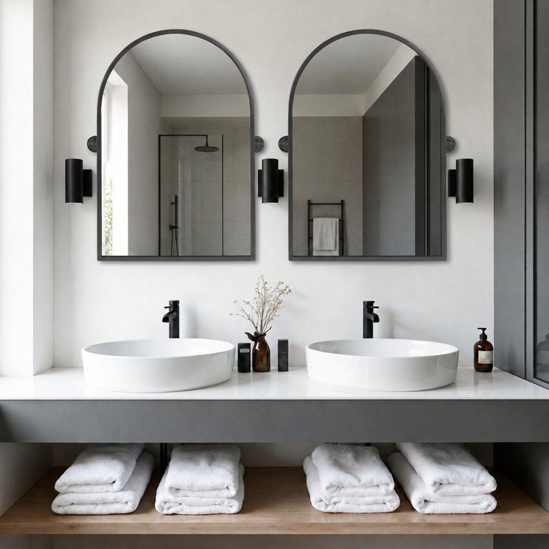 Arched Metal Framed Pivot Wall Mirror Bathroom Mirror Dresser Mirror, 91×61 cm/80×60 cm, 91cm x 61cm, Black