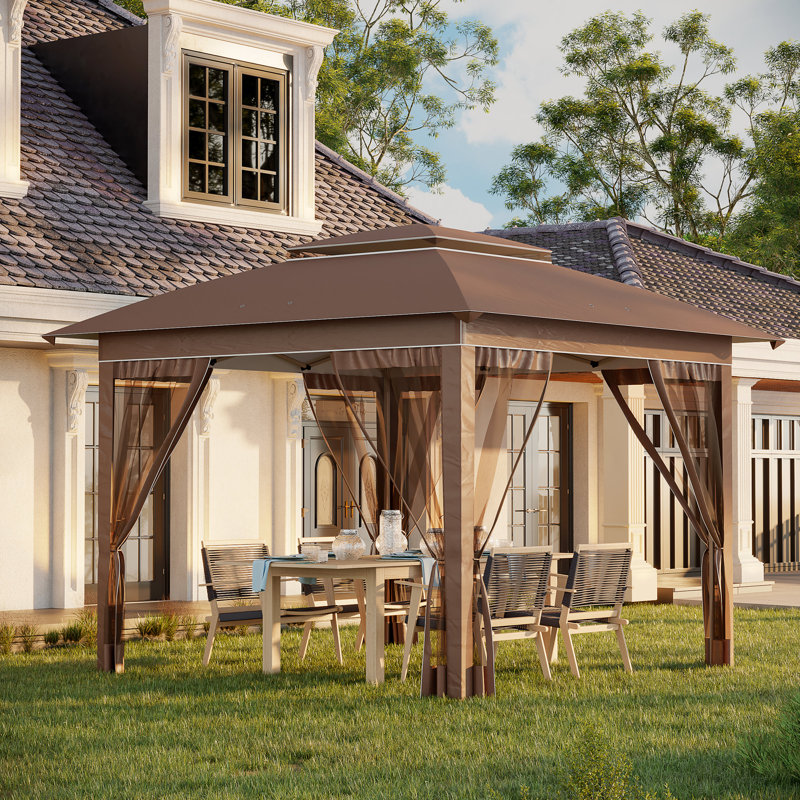 Outsunny 12' x 12' Pop Up Canopy Tent with Netting and Carry Bag, Brown