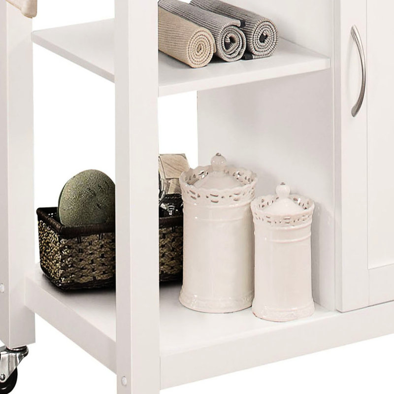 Dessus en bois noir et chariot de cuisine blanc avec 1 porte de rangement, un tiroir, 2 tablettes ouvertes, un porte-verres à pied, un crochet à serviettes à roulettes et une surface de rangement, une porte, un support