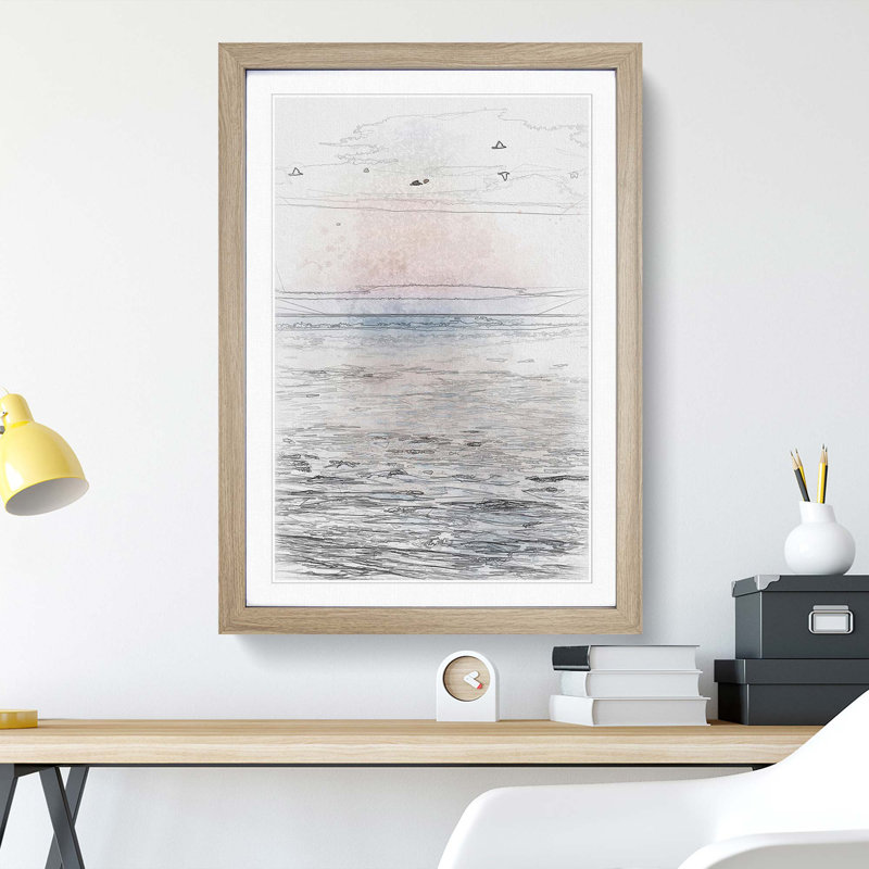 Birds Above the Ocean in Abstract - Picture Frame Graphic Art Print, 65cm H x 48cm W x 2cm D, Oak Framed