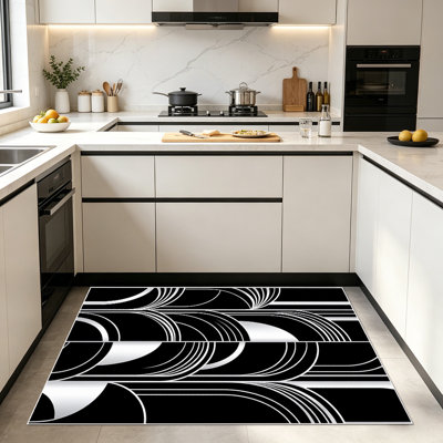 Tapis à motif abstrait tourbillonnant géométrique noir et blanc de 1 pièce pour le salon, doux et confortable, adapté à toutes les saisons, facile à entretenir, tapis de sol intérieur lavable à la machine, sous la table de ferme convenant à la salle à manger, à la chambre à coucher et au bureau personnel. .. ..