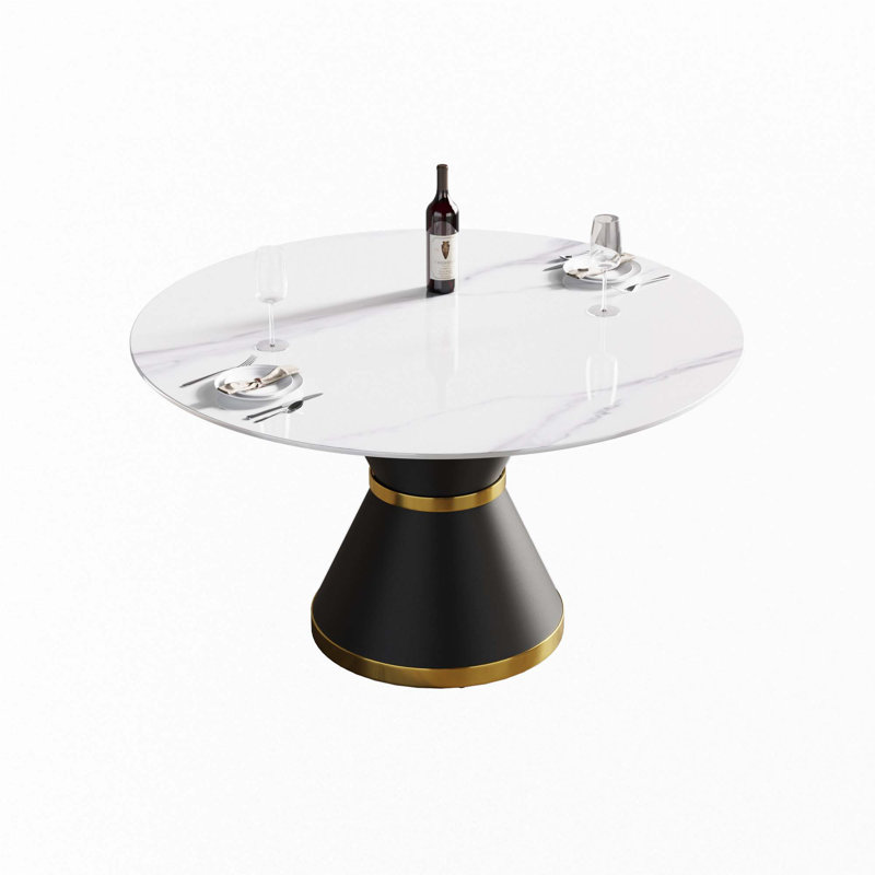 Table de salle à manger en pierre artificielle, H 29,53 po x L 53,15 po x l 53,15 po, Blanc, Noir, noir, noir, noir