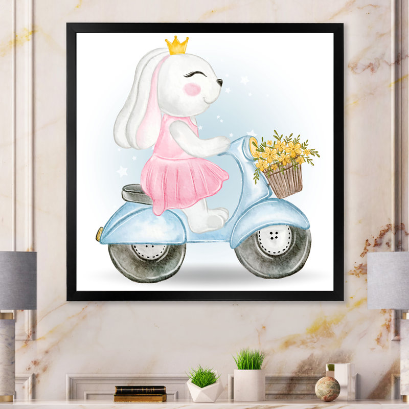 Caricature de lapin mignon chevauchant un scooter - reproduction d'art sur toile, H 36 po x l 36 po x P 1,5 po, Cadre noir