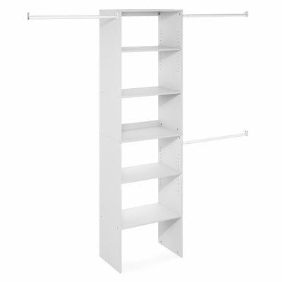 Organisateur de placard et rangement, étagère de rangement à 5 niveaux avec 3 barres de suspension et étagères réglables, tour de rangement pour garde-robe, 14,8 x 23,6 x 82,1 cm, pour penderie ou chambre, blanc