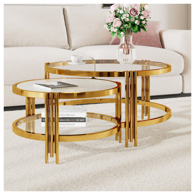 Modern 2-Piece Gold Nesting Coffee Table Set with Textured Tempered Glass Top - Stylish Living Room Furniture for Contemporary Home Decor