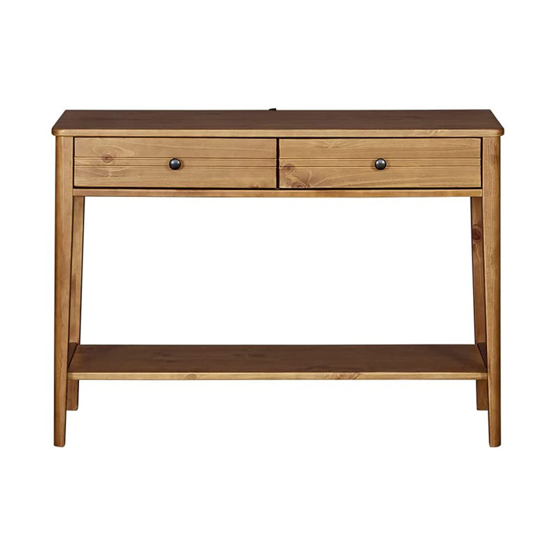 Honey Brown Mid Century Pine Wood Console Table with Storage