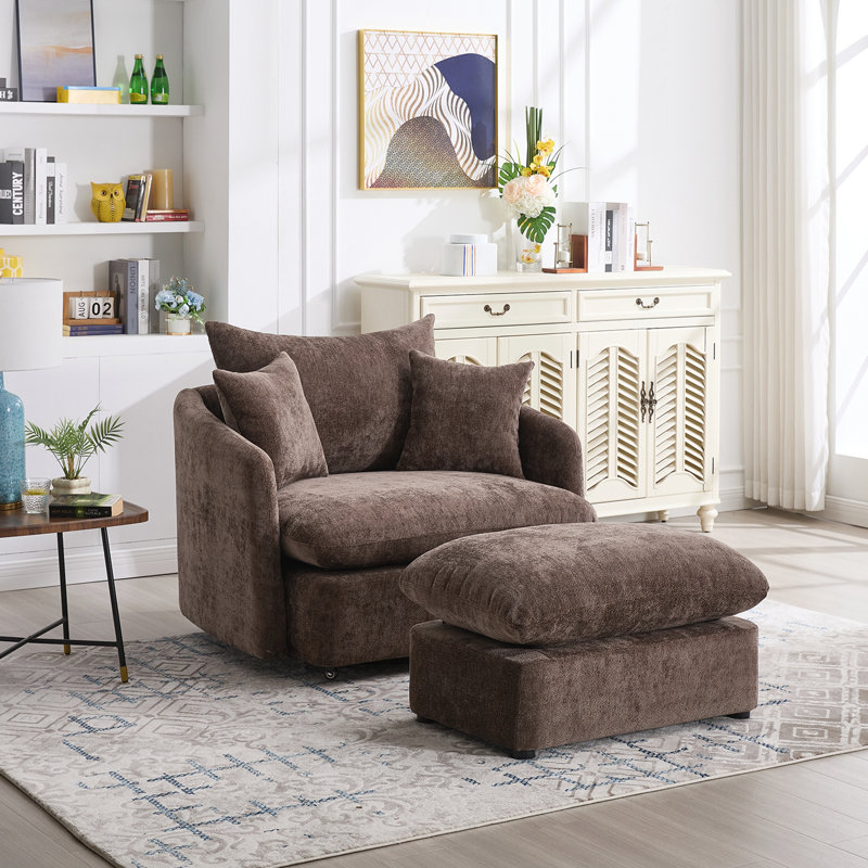 Fauteuil d'appoint pivotant surdimensionné rembourré avec repose-pieds, Tissu brun