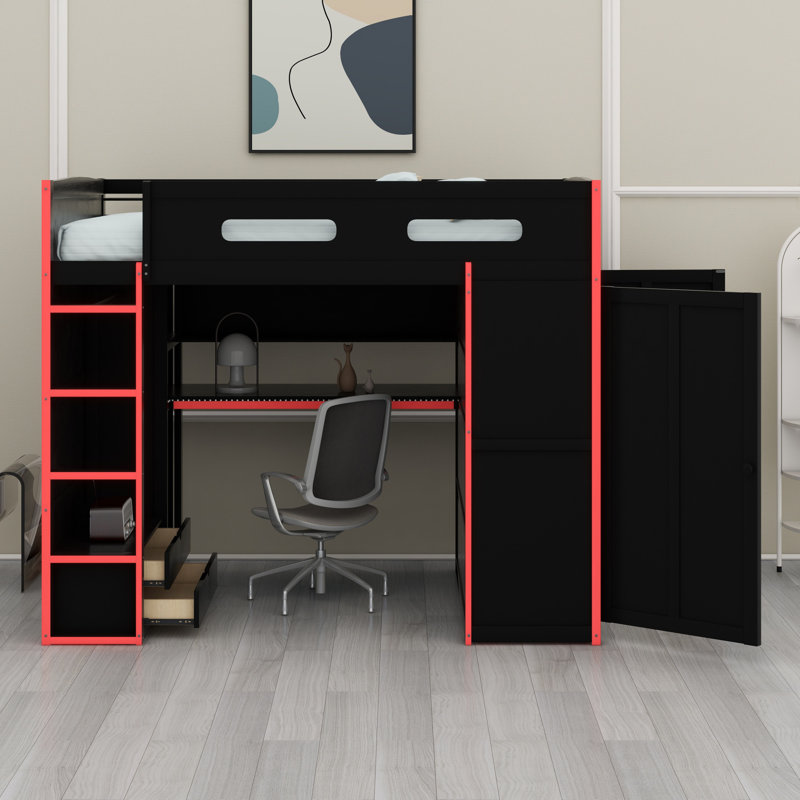 Lit mezzanine en bois avec bureau, garde-robe, grand espace de rangement et lumière DEL RVB, Rouge
