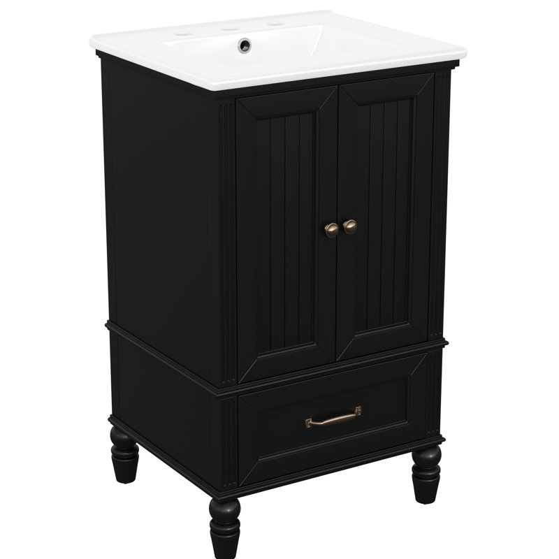 Meuble-lavabo noir 20 po avec lavabo en céramique, deux portes d'armoire, tiroir, bouchon magnétique et finition peinte - parfait pour améliorer votre quincaillerie en acier inoxydable, patins réglables faciles à mettre en place