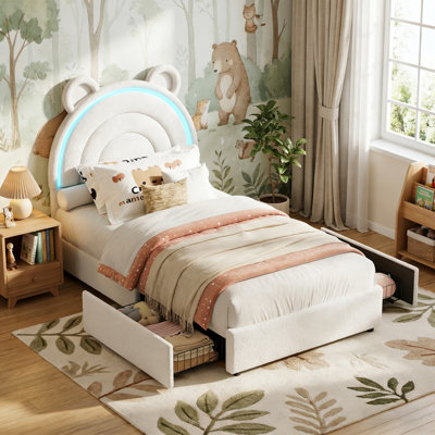 Cadre de lit simple avec 2 tiroirs de rangement et lumières DEL - Lit plateforme tapissier avec tête de lit arc-en-ciel Bear Ear, cadre de lit simple pour fille avec support à lattes de bois, aucun sommier 
