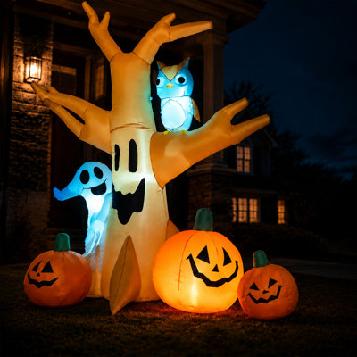 Décoration gonflable lumineuse d'Halloween de 2,30 m de haut, arbre hanté avec hibou, fantôme et citrouilles, décor de jardin étanche à DEL pour jardin, pelouse, fête d'Halloween