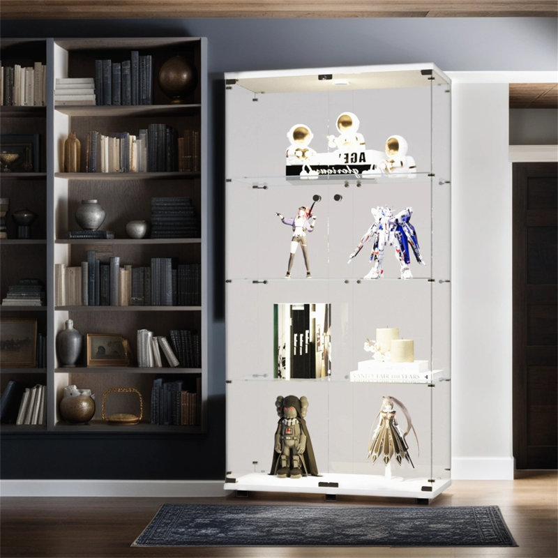 Élégante vitrine en verre avec éclairage à DEL, armoire vitrée à 2 portes avec 4 tablettes réglables en verre blanc