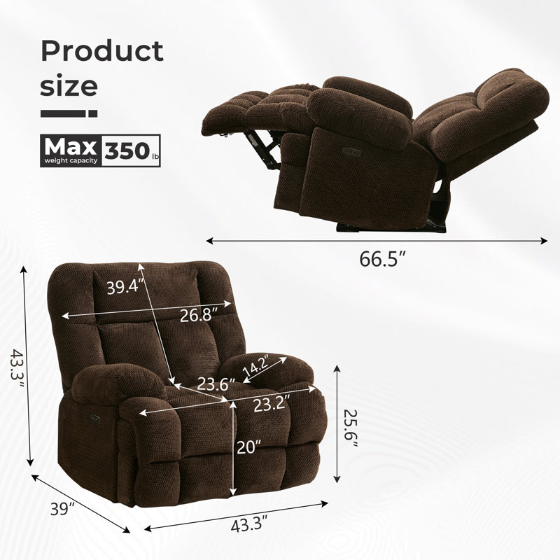 43.3" Wide Zero Gravity Oversized Power Recliner Chairs With USB Charging, Brown