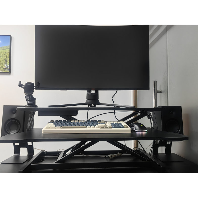 Convertisseur de bureau assis-debout, 32 pouces avec cadre stable pour un travail parfait sur deux écrans et un ordinateur portable, noir, construction de joie de Noël