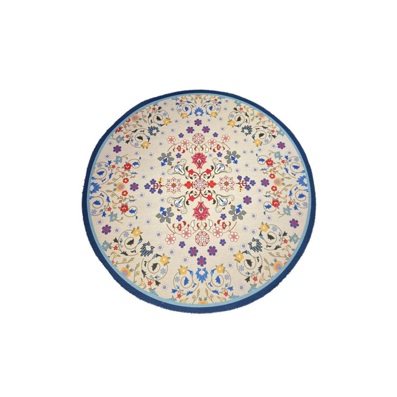 Floral Pattern Decorative Non-Slip Based Washable Carpet In Blue Tones, Round 2'8"