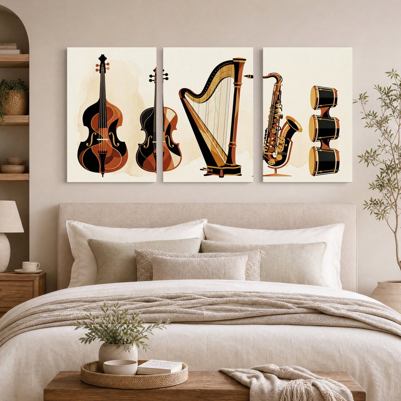 Ensemble d'instruments de musique sur toile bruns et noirs rétro, H 18 po x l 12 po x 3 pièces