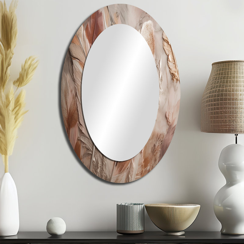 Gold Glamorous Feathers Of Boho Fantasy V - Glam Oval Wall Mirror, 36" x 24"
